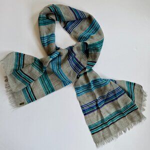 Pistil 100% Wool Scarf – Blue Green Gray Striped Lightweight Wrap 21" x 61.5" –